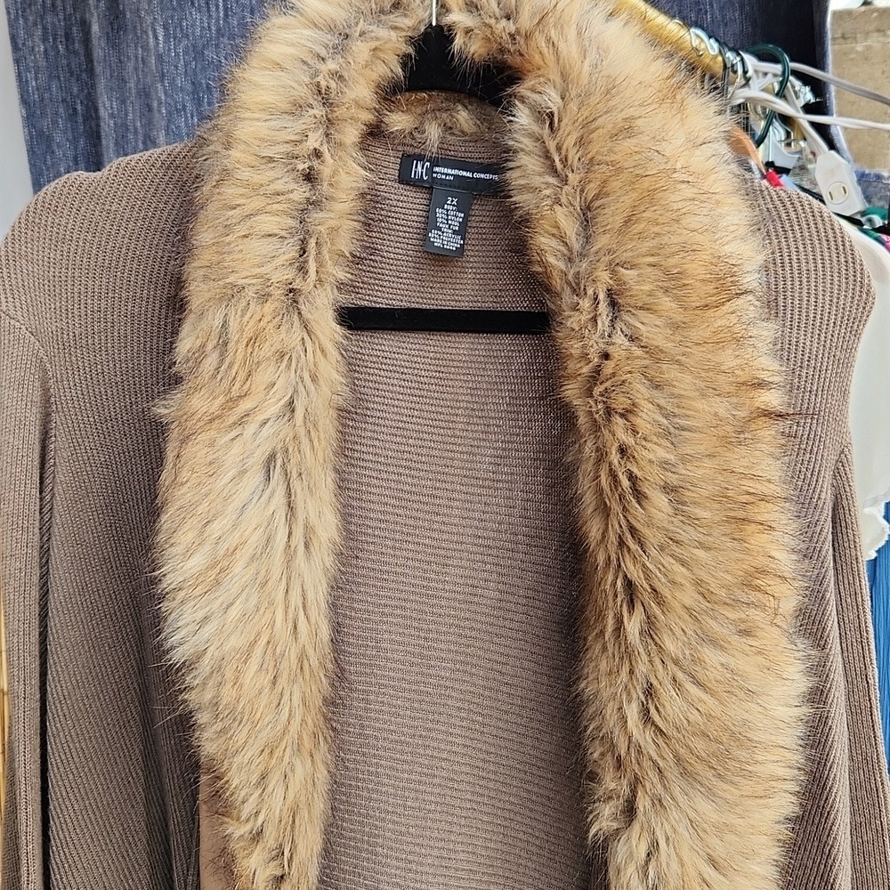 INC International Concepts Womens  Front Cardigan Sweater Faux Fur Trim Taupe 2X - Picture 3 of 10